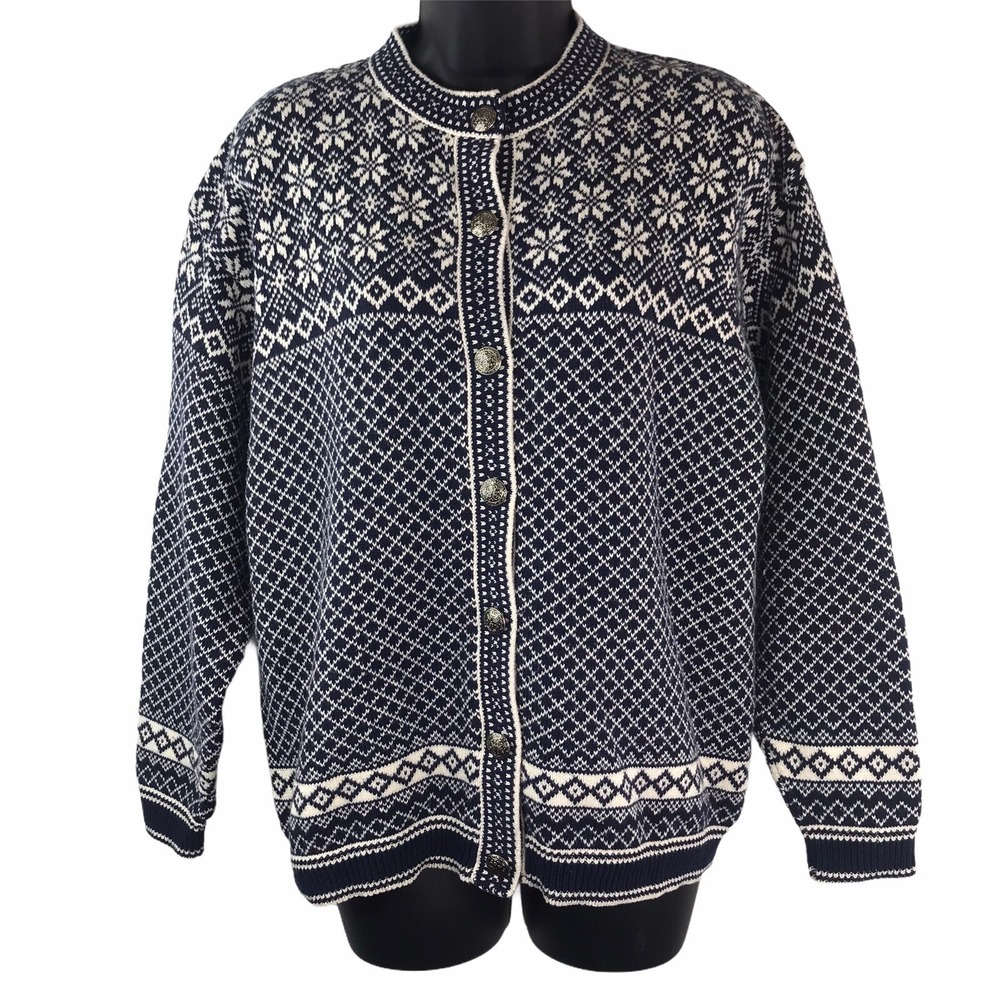 CHELSEA GARDENS Sz Med Nordic Fair Isle Blue Women's Cardigan Metal Buttons Vtg - Picture 1 of 8